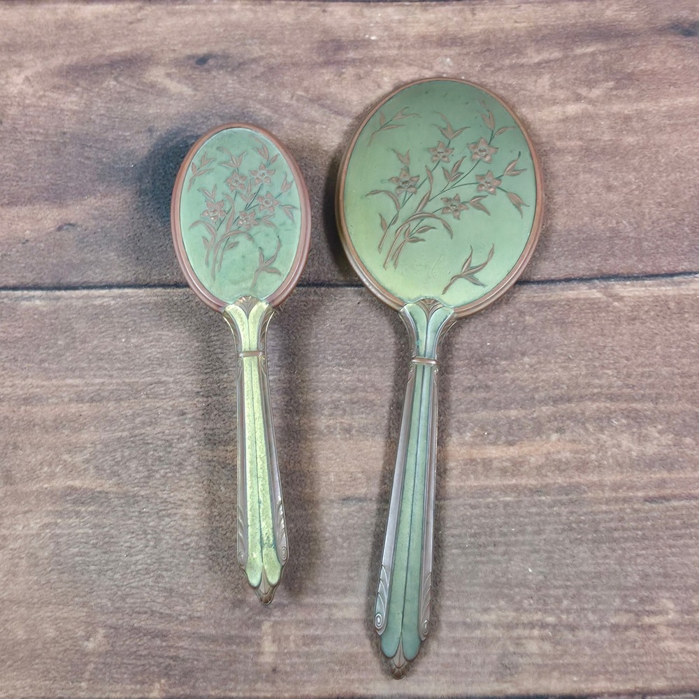 Green and Brass Color Vanity Set Women Good Art Deco Floral Mirror Brush Duo